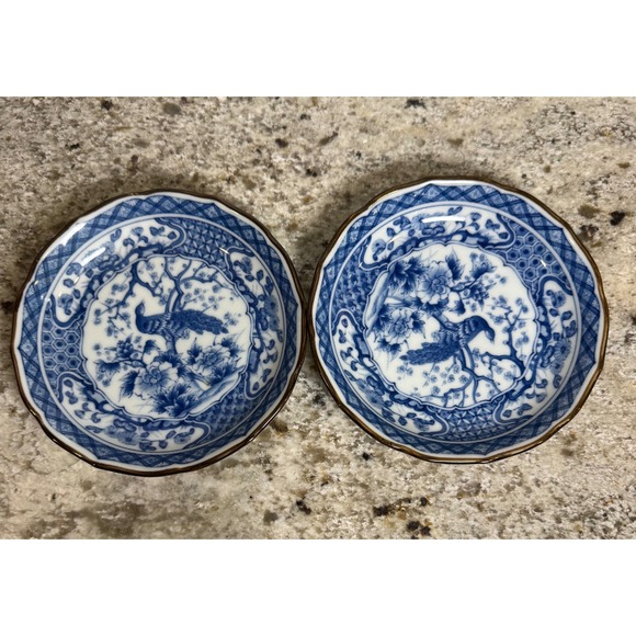 Other - Vintage Japanese Blue and White Peacock Porcelain Small Plates Set of 2 4.75in
